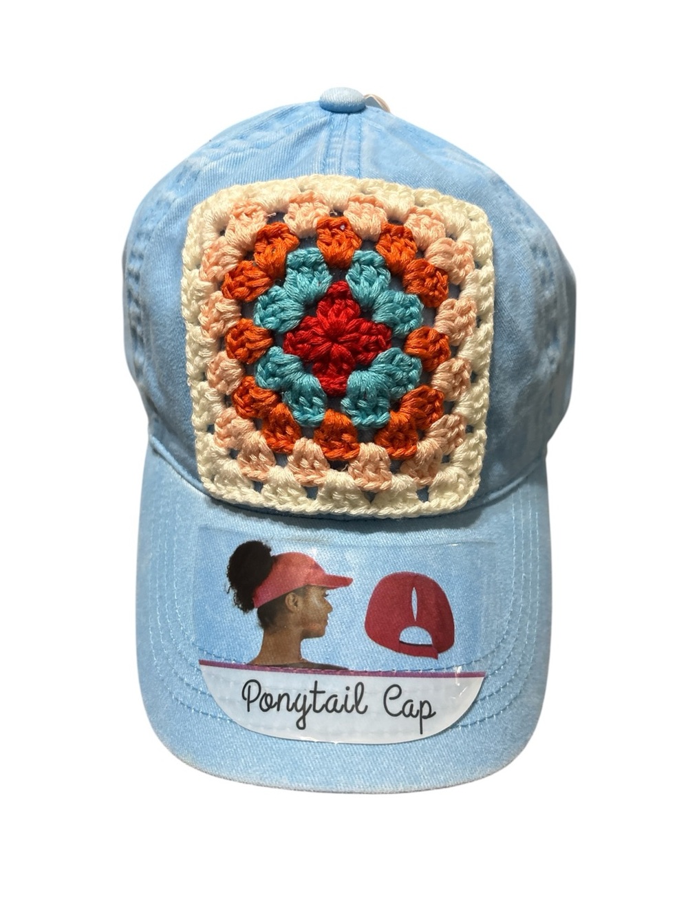 Crochet Granny Square Trucker Hat 🧢 Blue Ponytail Baseball Cap Adjustable Boho - Picture 8 of 11